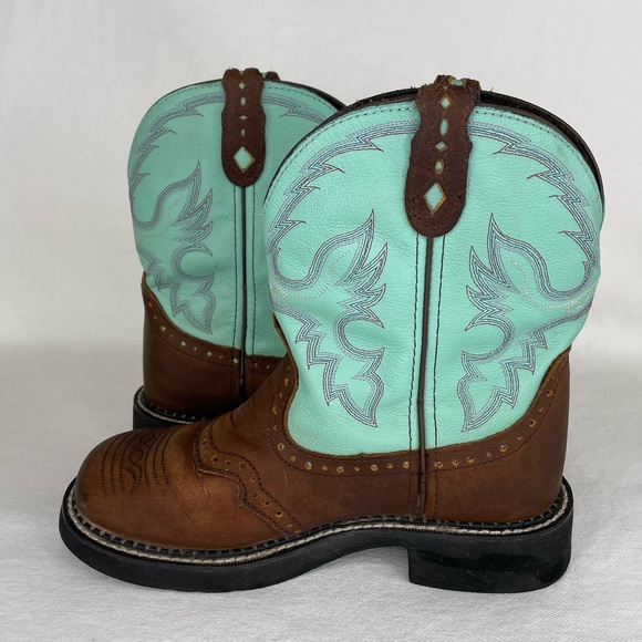 Justin Gypsy Boots Women’s 7B Brown Turquoise Blue Leather Embroidered Western - Picture 6 of 16